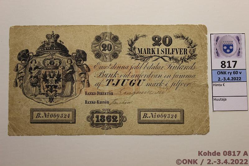 k-0817-a.jpg - Kohde 817 (kuva 1/2), lhthinta: 1000 € / ei tarjouksia 20 mk 1862 B SNY 150.2 069324 Langenskild-Rancken, prep, preiki, kunto: 2