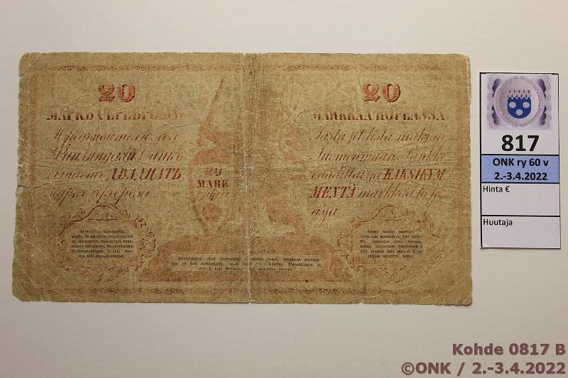 k-0817-b.jpg - Kohde 817 (kuva 2/2), lhthinta: 1000 € / ei tarjouksia 20 mk 1862 B SNY 150.2 069324 Langenskild-Rancken, prep, preiki, kunto: 2