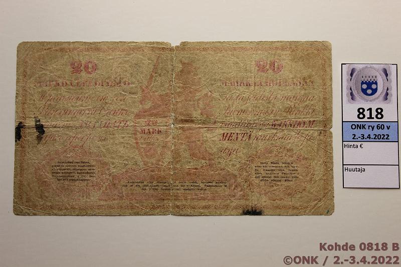 k-0818-b.jpg - Kohde 818 (kuva 2/2), lhthinta: 1000 € / ei tarjouksia 20 mk 1862 B SNY 150.2 027354 Frenckell-Mellenius, pieni puutteita, rep, reiki, tahroja, kunto: 2