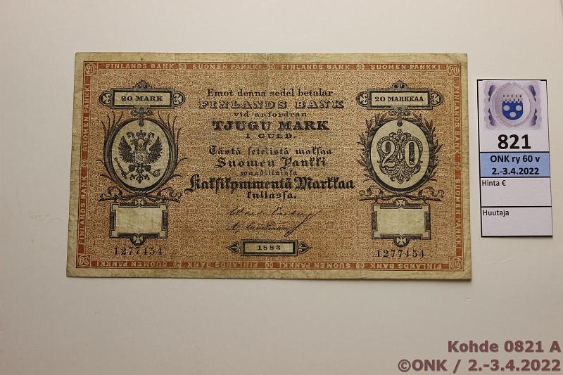 k-0821-a.jpg - Kohde 821 (kuva 1/2), lhthinta: 450 € / myyntihinta: 620 € 20 mk 1883 SNY 152.1 1277454 Eneberg-Landtman, viivat, ehj!, kunto: 4