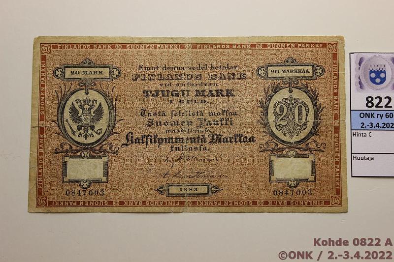 k-0822-a.jpg - Kohde 822 (kuva 1/2), lhthinta: 150 € / myyntihinta: 165 € 20 mk 1883 SNY 152.2 0847003 Wallenius-Landtman, prep, preiki, kunto: 3