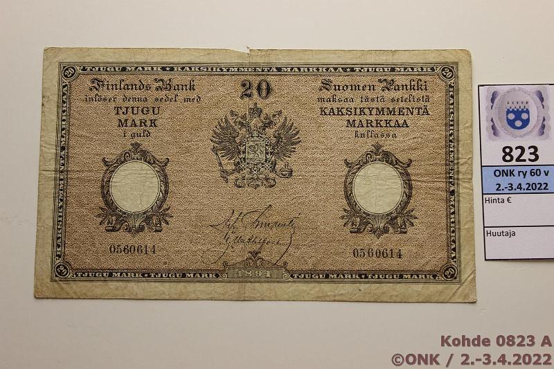 k-0823-a.jpg - Kohde 823 (kuva 1/2), lhthinta: 200 € / myyntihinta: 200 € 20 mk 1894 SNY 153.2. 0560614 Charpentier-Ahlfors, teippikorjaus, pieni puute, kunto: 3