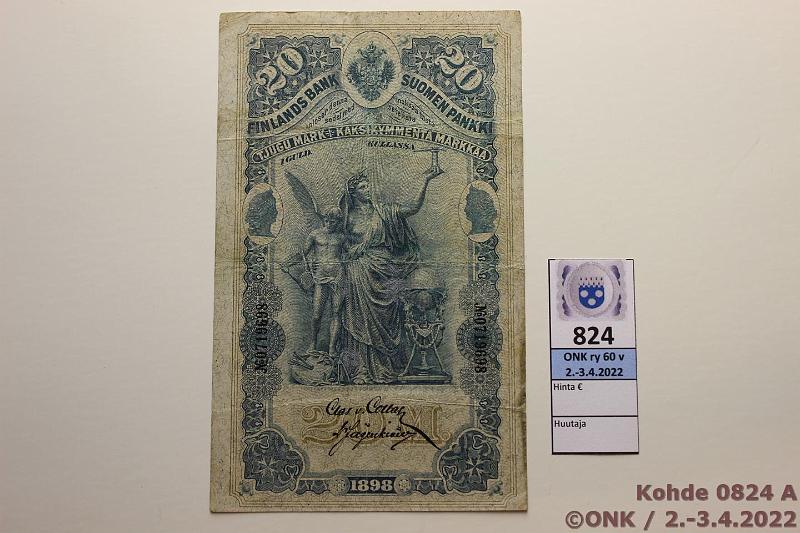 k-0824-a.jpg - Kohde 824 (kuva 1/2), lhthinta: 40 € / myyntihinta: 40 € 20 mk 1898 SNY 154.1 0719698 COL-Jg, hyvt vrit, tukeva paperi, 2 reik, rep, tp likaa, kunto: 3