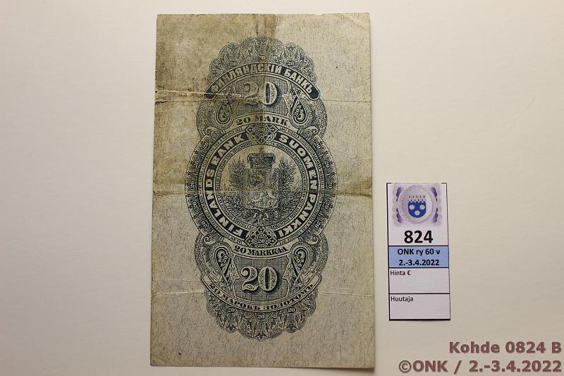 k-0824-b.jpg - Kohde 824 (kuva 2/2), lhthinta: 40 € / myyntihinta: 40 € 20 mk 1898 SNY 154.1 0719698 COL-Jg, hyvt vrit, tukeva paperi, 2 reik, rep, tp likaa, kunto: 3