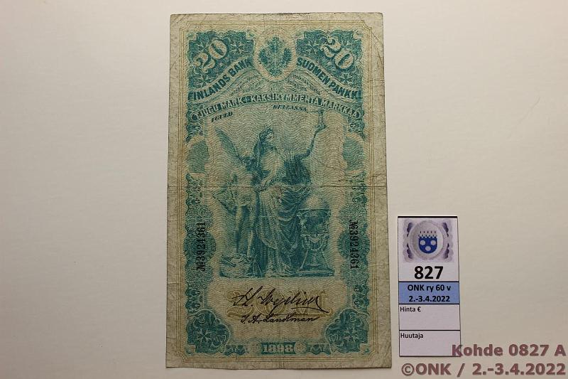 k-0827-a.jpg - Kohde 827 (kuva 1/2), lhthinta: 40 € / myyntihinta: 40 € 20 mk 1898 SNY 154.2 3924361 WEG-Lan, ohentumaa, kunto: 3