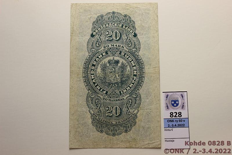 k-0828-b.jpg - Kohde 828 (kuva 2/2), lhthinta: 60 € / myyntihinta: 66 € 20 mk 1898 SNY 154.2 2200331 STE-Ahl, kunto: 4