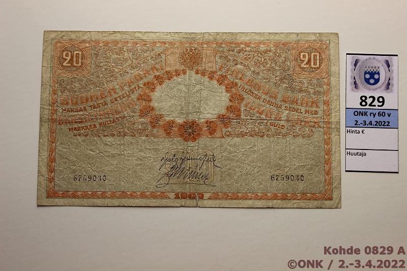 k-0829-a.jpg - Kohde 829, lhthinta: 20 € / ei tarjouksia 20 mk 1909 SNY 156.1 6759030 JR-Ml, 2 reik, rep, kunto: 3