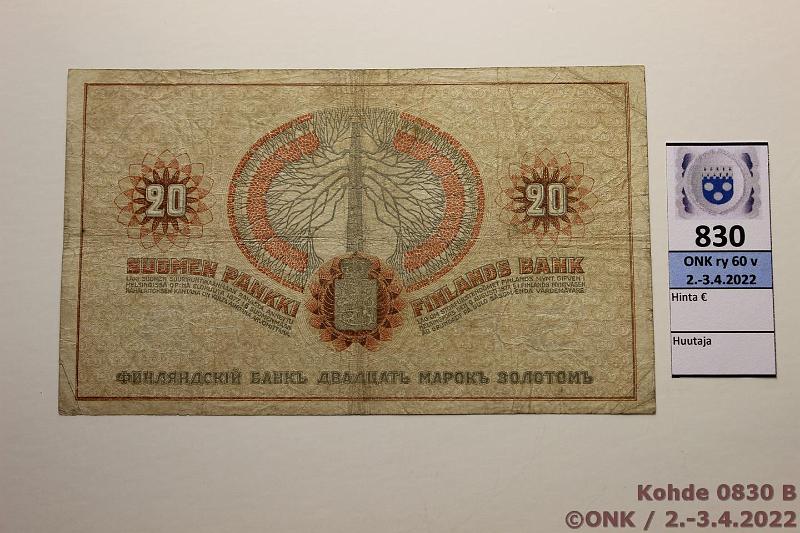 k-0830-b.jpg - Kohde 830 (kuva 2/2), lhthinta: 20 € / myyntihinta: 20 € 20 mk 1909 SNY 156.2 4237771 COL-His, vl "SP FB", kunto: 3