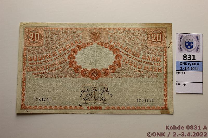k-0831-a.jpg - Kohde 831 (kuva 1/2), lhthinta: 20 € / myyntihinta: 20 € 20 mk 1909 SNY 156.2 4734751 JR-Ml, vl SP FB, lik, prep, kunto: 4