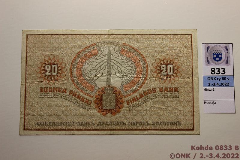 k-0833-b.jpg - Kohde 833 (kuva 2/2), lhthinta: 20 € / myyntihinta: 20 € 20 mk 1909 KV SNY 156.4 9883060 JR-Ml, kunto: 4