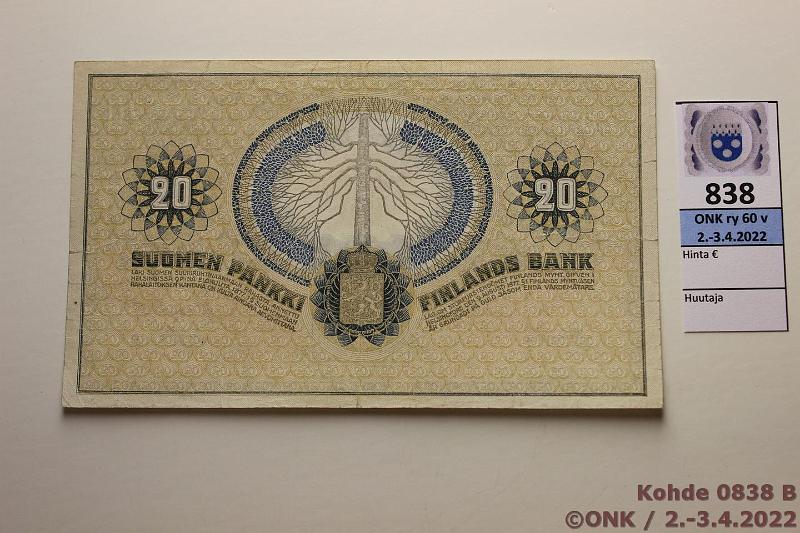 k-0838-b.jpg - Kohde 838 (kuva 2/2), lhthinta: 35 € / myyntihinta: 46 € 20 mk 1918 SNY 157 3228369 STE-His, ei lpi setelin taitteita, hyvt vrit, kunto: 5