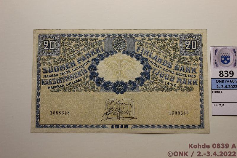 k-0839-a.jpg - Kohde 839, lhthinta: 35 € / myyntihinta: 130 € 20 mk 1918 SNY 157 1688648 BA I-Ml, hyvt vrit, kunto: 5