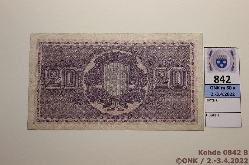 k-0842-b.jpg - Kohde 842 (kuva 2/2), lhthinta: 40 € / myyntihinta: 40 € 20 mk 1922 SNY 158.1 A0067903 HEU-Ml, tahroja, kunto: 4