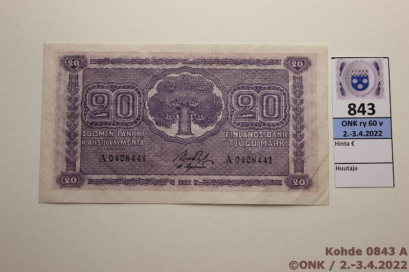 k-0843-a.jpg - Kohde 843 (kuva 1/2), lhthinta: 70 € / ei tarjouksia 20 mk 1922 SNY 158.1 A0408441 RYT-OAs, kunto: 5