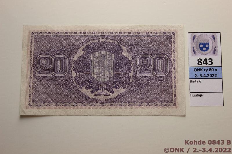 k-0843-b.jpg - Kohde 843 (kuva 2/2), lhthinta: 70 € / ei tarjouksia 20 mk 1922 SNY 158.1 A0408441 RYT-OAs, kunto: 5