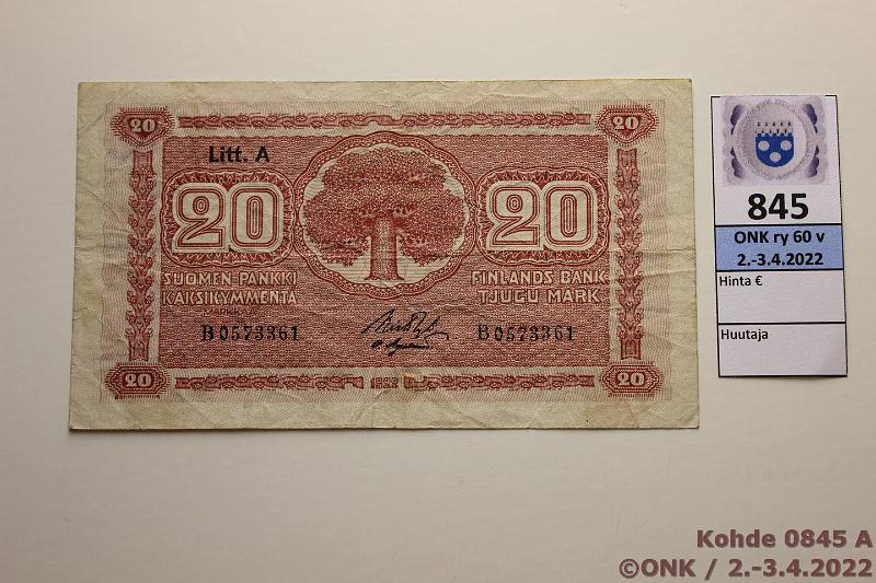 k-0845-a.jpg - Kohde 845, lhthinta: 50 € / myyntihinta: 50 € 20 mk 1922 LA SNY 158.2 B0573361 RYT-OAs, tahra, pehme, kunto: 3