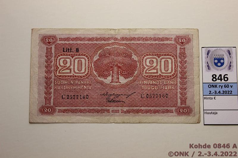 k-0846-a.jpg - Kohde 846 (kuva 1/2), lhthinta: 150 € / myyntihinta: 180 € 20 mk 1922 LB SNY 158.3 C0577160 BUR-Wah, eprep, harvinainen!, kunto: 3