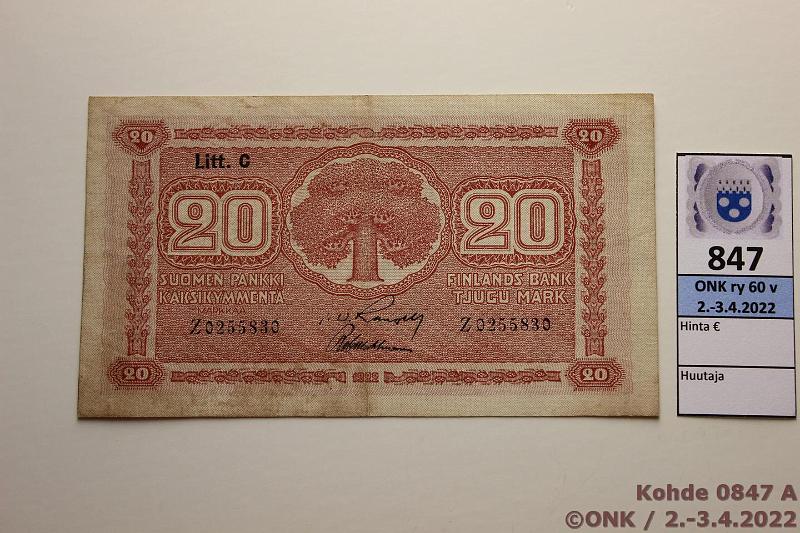 k-0847-a.jpg - Kohde 847, lhthinta: 5 € / myyntihinta: 5 € 20 mk 1922 LC SNY 158.4 Z0255830 RAN-Wah, lik, kunto: 5