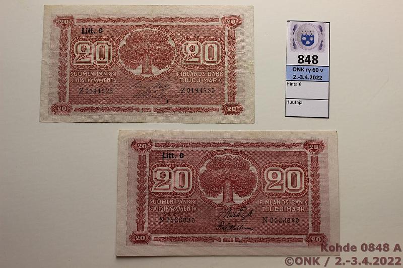 k-0848-a.jpg - Kohde 848, lhthinta: 10 € / myyntihinta: 23 € 20 mk 1922 LC (2) SNY 158.4 N...RYT-Wah, Z...HEU-Wah, kunto: 5, 6