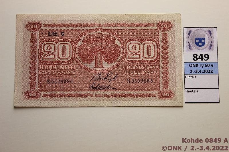 k-0849-a.jpg - Kohde 849, lhthinta: 35 € / myyntihinta: 35 € 20 mk 1922 LC SNY 158.4 S0509385 RYT-Wah, 3 mm rep, klemmarin painauma, ei isoja taitteita, kunto: 7