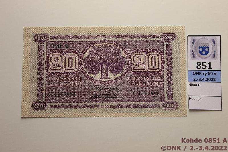 k-0851-a.jpg - Kohde 851, lhthinta: 20 € / myyntihinta: 26 € 20 mk 1939 LD SNY 159.2 C4536484 JUT-Asp, vl 2, kunto: 9
