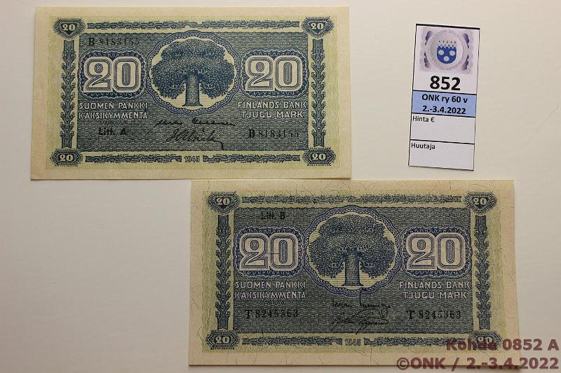 k-0852-a.jpg - Kohde 852, lhthinta: 15 € / myyntihinta: 21 € 20 mk 1945 LA+B SNY 160.1+2 LA B..KEK-Als, harv ak-pari (v), LB T..TUO-AAs, kunto: 6, 9