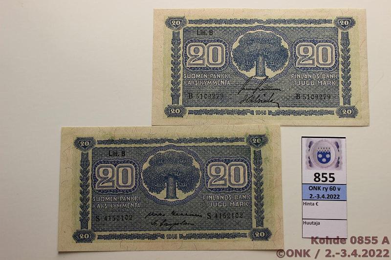 k-0855-a.jpg - Kohde 855, lhthinta: 15 € / ei tarjouksia 20 mk 1945 LB (2) SNY 160.2 B5109279 RAI-Als, S4152102 KEK-Car, likaa, kunto: 6, 8