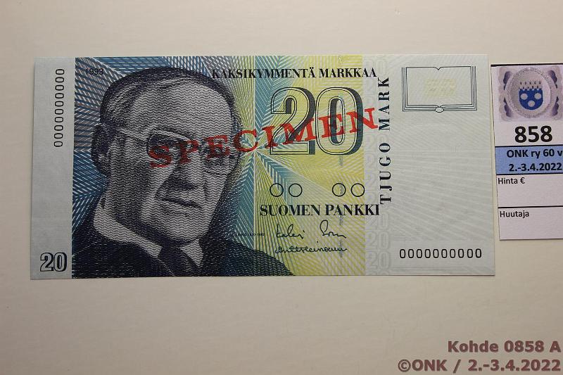 k-0858-a.jpg - Kohde 858 (kuva 1/2), lhthinta: 375 € / myyntihinta: 470 € 20 mk 1993 SNY 161.1 0000000000 SOR-Hei, SPECIMEN punaisella, kunto: 9