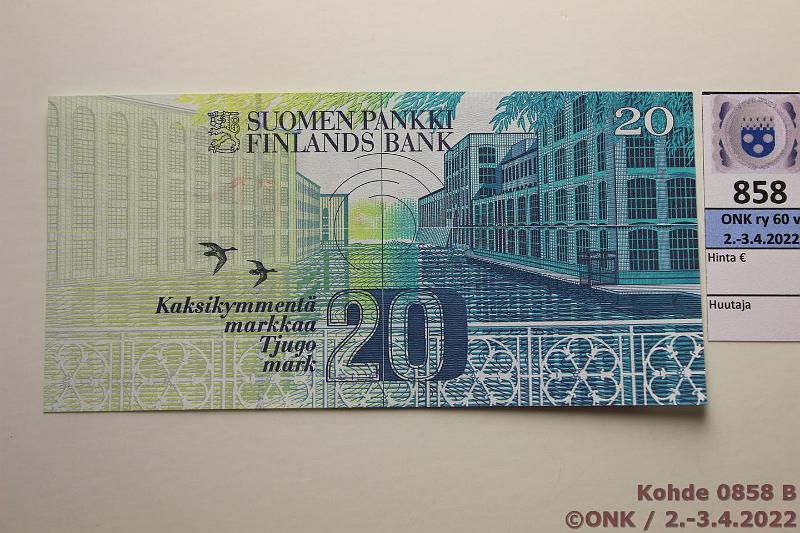 k-0858-b.jpg - Kohde 858 (kuva 2/2), lhthinta: 375 € / myyntihinta: 470 € 20 mk 1993 SNY 161.1 0000000000 SOR-Hei, SPECIMEN punaisella, kunto: 9