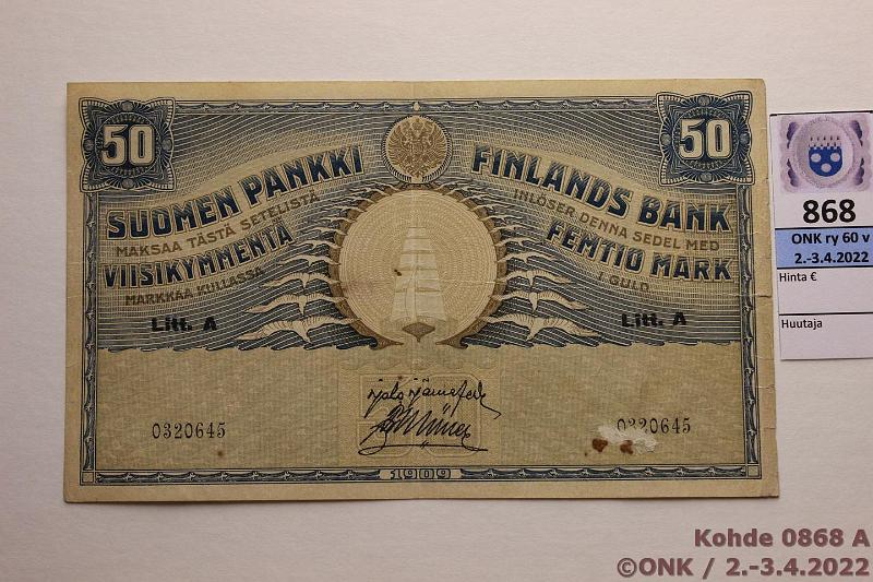 k-0868-a.jpg - Kohde 868 (kuva 1/2), lhthinta: 110 € / myyntihinta: 110 € 50 mk 1909 LA SNY 165.3 0320645 JR-Ml, reuna- ja pintavikoja, tahroja, prep, kunto: 4
