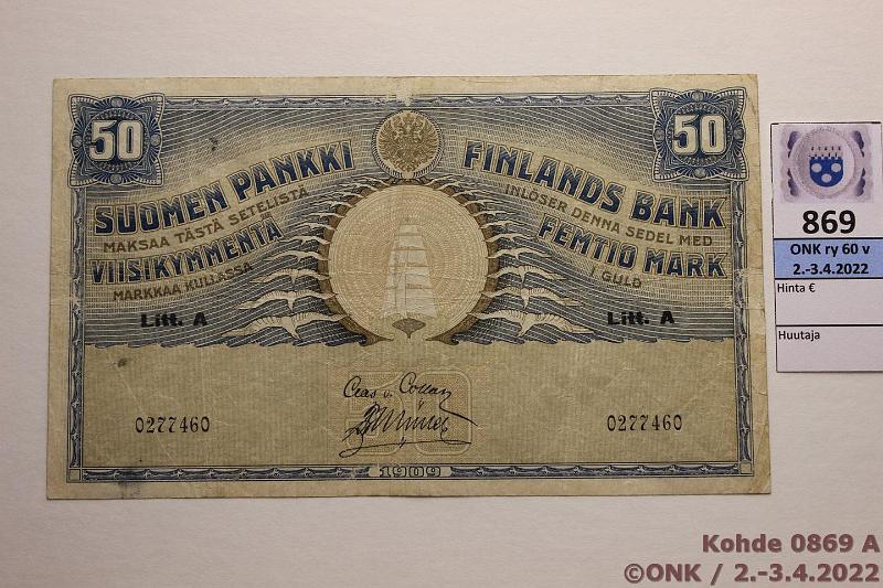 k-0869-a.jpg - Kohde 869 (kuva 1/2), lhthinta: 120 € / myyntihinta: 120 € 50 mk 1909 LA SNY 165.3 0277460 COL-Ml, vri hieman irronnut ylr. ja oik., teipin takia?, kunto: 4