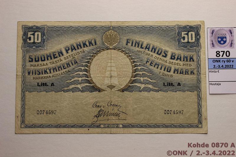 k-0870-a.jpg - Kohde 870 (kuva 1/2), lhthinta: 120 € / myyntihinta: 120 € 50 mk 1909 LA SNY 165.3 0074597 COL-Ml, ep keskireik, kunto: 4