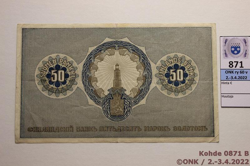 k-0871-b.jpg - Kohde 871 (kuva 2/2), lhthinta: 150 € / myyntihinta: 260 € 50 mk 1909 LA SNY 165.3 1504869 BA I-His, ehj, erittin hyvt vrit!, kunto: 5