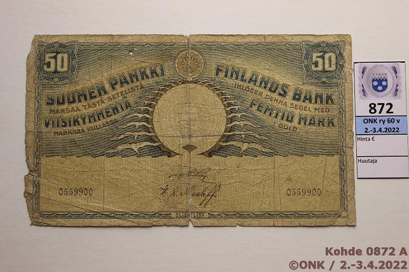 k-0872-a.jpg - Kohde 872 (kuva 1/2), lhthinta: 80 € / ei tarjouksia 50 mk 1918 SNY 166.1 0559900 BRG-The, harv ak-pari (v), puutteita, rep, reiki, kunto: 1