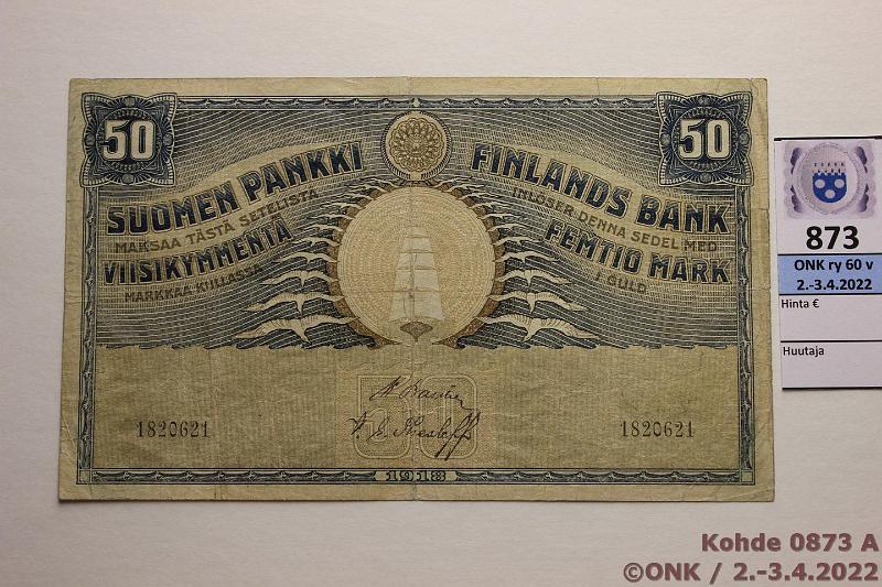 k-0873-a.jpg - Kohde 873 (kuva 1/2), lhthinta: 90 € / myyntihinta: 90 € 50 mk 1918 SNY 166.1 1820621 BA II-The, preik, prep, kunto: 3