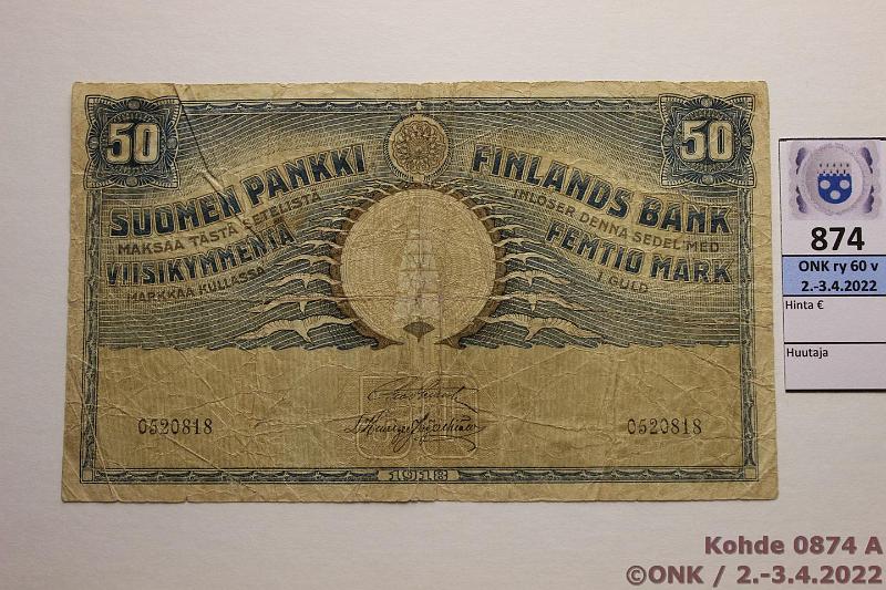 k-0874-a.jpg - Kohde 874 (kuva 1/2), lhthinta: 90 € / ei tarjouksia 50 mk 1918 SNY 166.1 0520818 STE-His, preiki, prep, pehme, kunto: 3