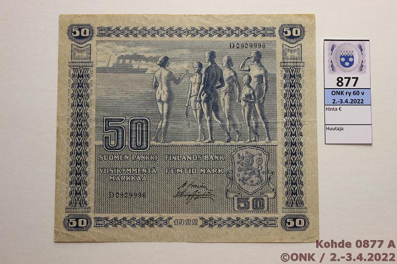 k-0877-a.jpg - Kohde 877 (kuva 1/2), lhthinta: 400 € / myyntihinta: 400 € 50 mk 1922 SNY 167.1 D0909996 BA II-His, harv ak-pari (v), kova paperi, ehj, harvinainen!, kunto: 4