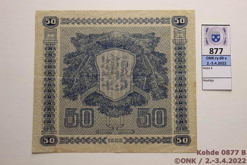 k-0877-b.jpg - Kohde 877 (kuva 2/2), lhthinta: 400 € / myyntihinta: 400 € 50 mk 1922 SNY 167.1 D0909996 BA II-His, harv ak-pari (v), kova paperi, ehj, harvinainen!, kunto: 4