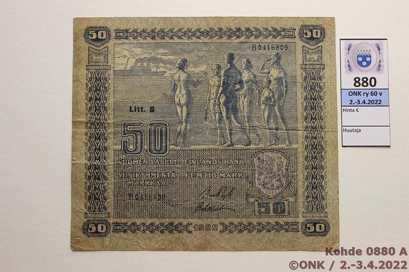 k-0880-a.jpg - Kohde 880 (kuva 1/2), lhthinta: 400 € / ei tarjouksia 50 mk 1922 LB SNY 167.3 B0416809 RYT-Wah, eprep, preiki, harvinainen!, kunto: 3