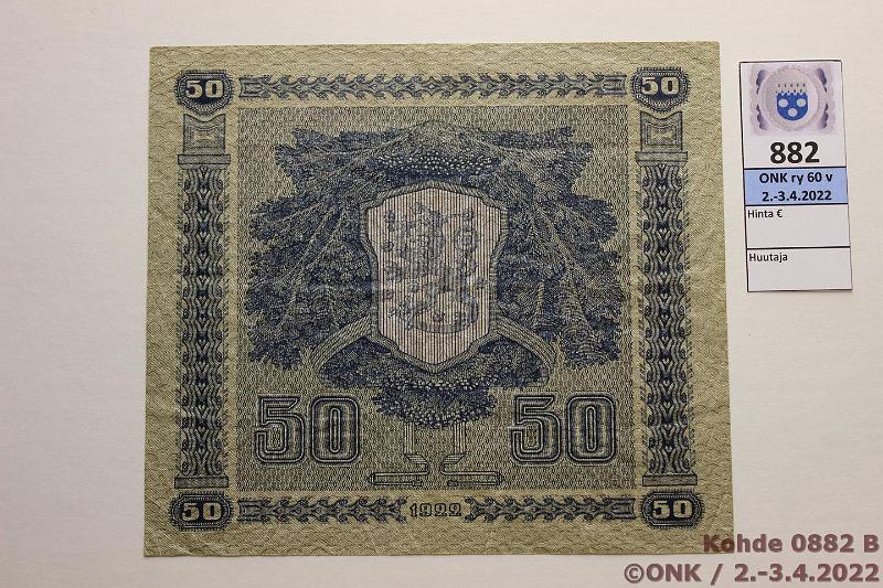 k-0882-b.jpg - Kohde 882 (kuva 2/2), lhthinta: 20 € / myyntihinta: 34 € 50 mk 1922 LC SNY 167.4 J0299636 HEU-AAs, kunto: 4