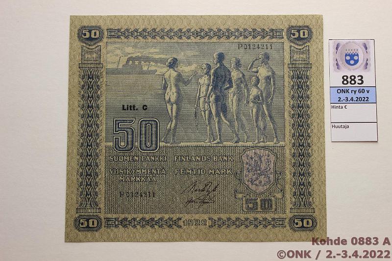 k-0883-a.jpg - Kohde 883 (kuva 1/2), lhthinta: 75 € / myyntihinta: 130 € 50 mk 1922 LC SNY 167.4.1 P0124211 RYT-AAs, pystytaite ja hiukan ksittelyn jlke, kunto: 7