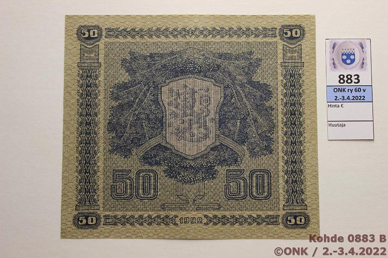k-0883-b.jpg - Kohde 883 (kuva 2/2), lhthinta: 75 € / myyntihinta: 130 € 50 mk 1922 LC SNY 167.4.1 P0124211 RYT-AAs, pystytaite ja hiukan ksittelyn jlke, kunto: 7
