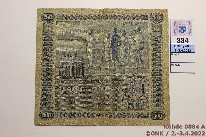 k-0884-a.jpg - Kohde 884, lhthinta: 150 € / myyntihinta: 150 € 50 mk 1922 LC SNY 167.4.2 R0661566 HEU-Wah, rep, keskireik. Painettu Vaasassa, kunto: 3