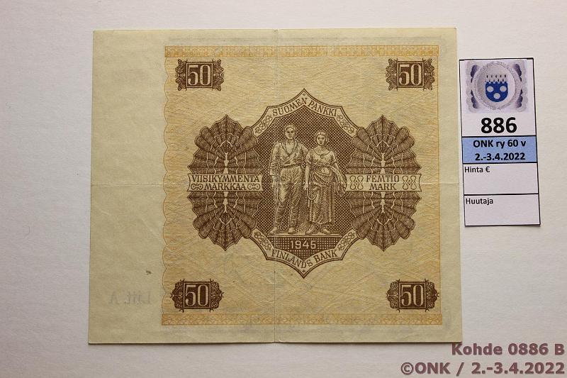 k-0886-b.jpg - Kohde 886 (kuva 2/2), lhthinta: 20 € / myyntihinta: 23 € 50 mk 1945 LA SNY 169.1 A3193315 TUO-Als, laatta 1, kunto: 5
