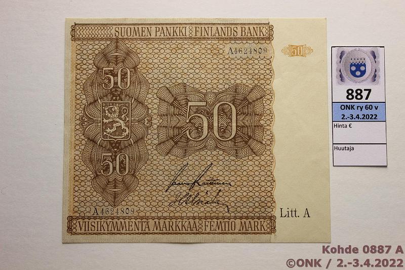 k-0887-a.jpg - Kohde 887, lhthinta: 40 € / myyntihinta: 40 € 50 mk 1945 LA SNY 169.1 A4621809 RAI-Als, laatta 1, kunto: 7