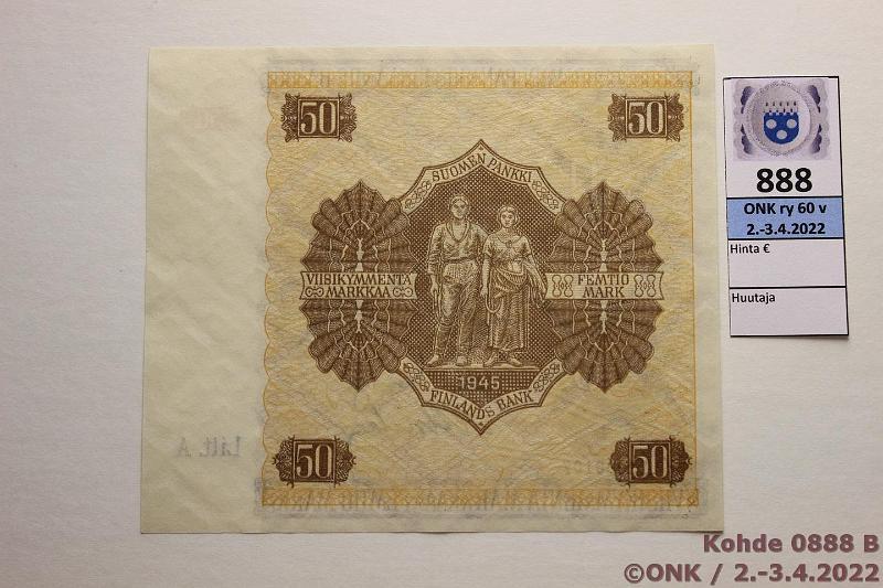 k-0888-b.jpg - Kohde 888 (kuva 2/2), lhthinta: 60 € / ei tarjouksia 50 mk 1945 LA SNY 169.1 A2090107 TUO-Als, laatta 1, kunto: 8