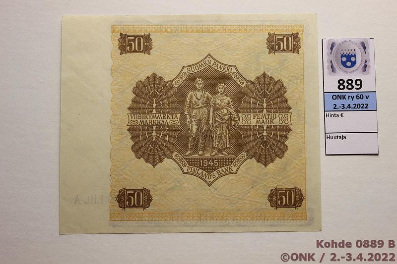 k-0889-b.jpg - Kohde 889 (kuva 2/2), lhthinta: 60 € / myyntihinta: 60 € 50 mk 1945 LA SNY 169.1 A1371710 TUO-AAs, laatta1, kunto: 8