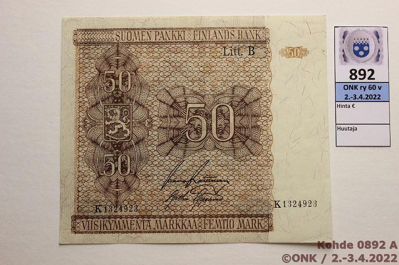 k-0892-a.jpg - Kohde 892 (kuva 1/2), lhthinta: 20 € / myyntihinta: 26 € 50 mk 1945 LB SNY 169.4 K1324923 RAI-AAs, laatta 4, kunto: 8