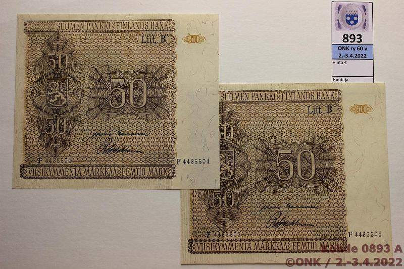 k-0893-a.jpg - Kohde 893, lhthinta: 50 € / myyntihinta: 77 € 50 mk 1945 LB (2) SNY 169.4 F4435504-05 KEK-Wah, laatta 4, painaumia, ei taitteita, perkkiset, kunto: 9