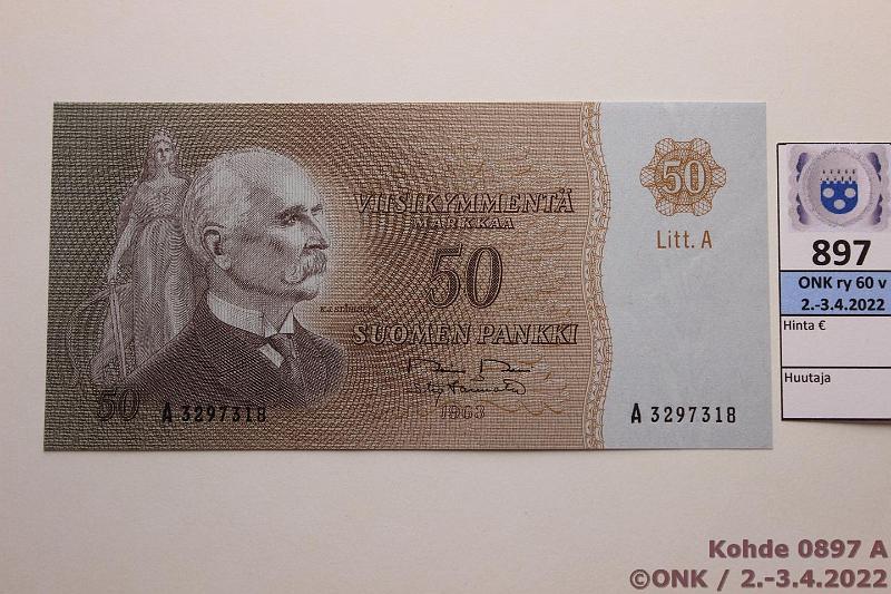 k-0897-a.jpg - Kohde 897 (kuva 1/2), lhthinta: 40 € / myyntihinta: 40 € 50 mk 1963 LA SNY 170.2.1 A3297318 RO II-Tr, painumaa, kunto: 9